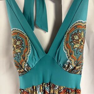 Alum Paige Teal‎ Patterned Flowy Boho Halter Top Maxi Dress S